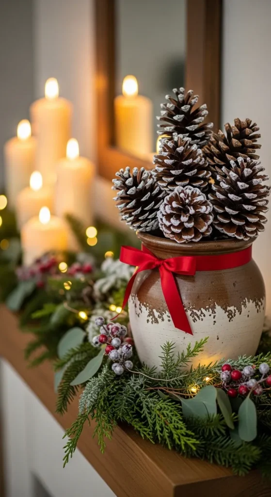 12 Magical Christmas Vase Ideas to Bring Festive Cheer to Every Room 6 Snowy Pine Cone & Ribbon Vase