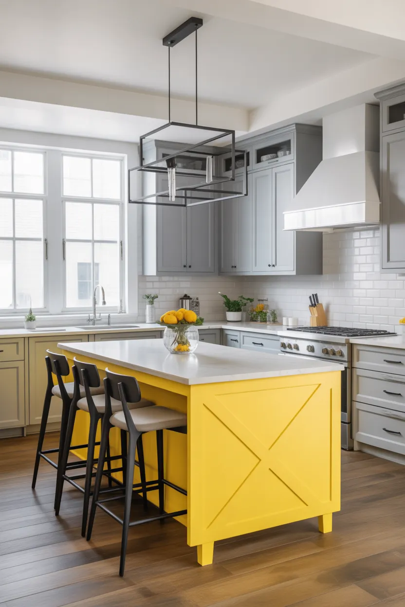  Sunshine Yellow Island with Gray Cabinets