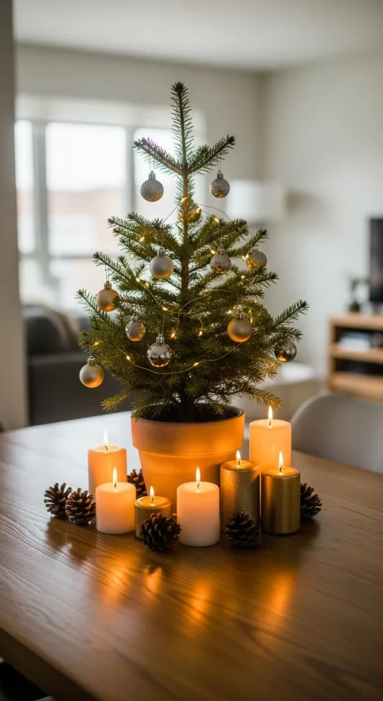 15 Easy & Stylish Christmas Decorations for Small Spaces 6 Use Small Trees as Centerpieces