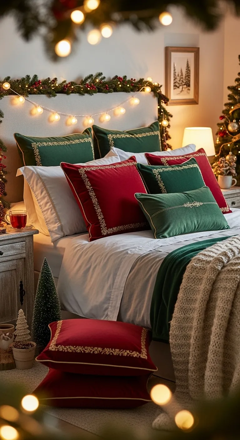 Use velvet throw pillows in deep reds and greens
