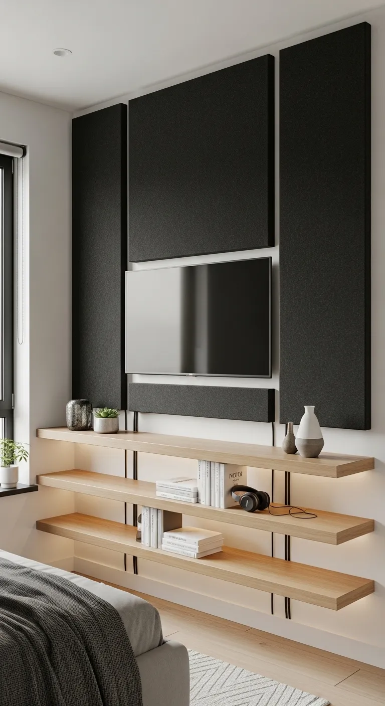 Wall-Mounted Entertainment with Floating Shelves