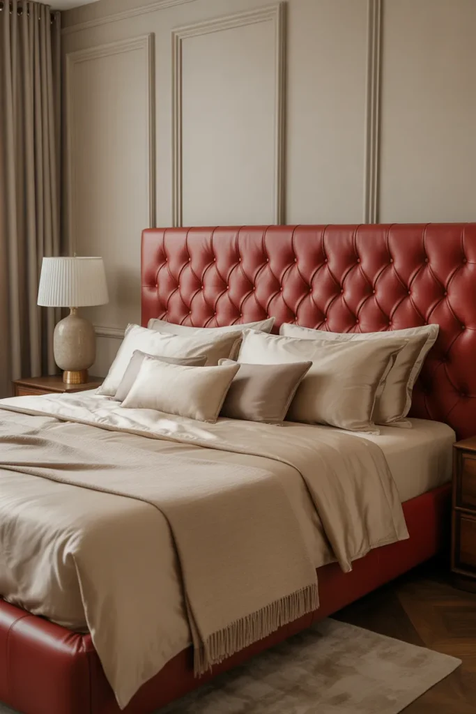 Wine-Red Leather Headboard (red bedroom ideas aesthetic)