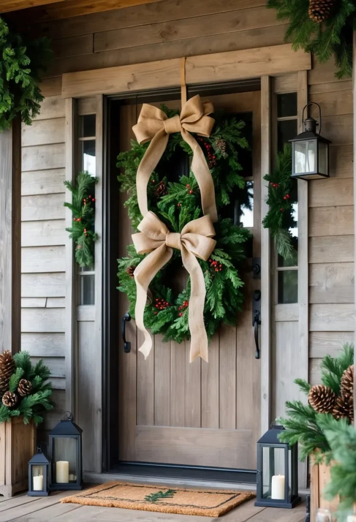 Burlap ribbon bows on wreaths