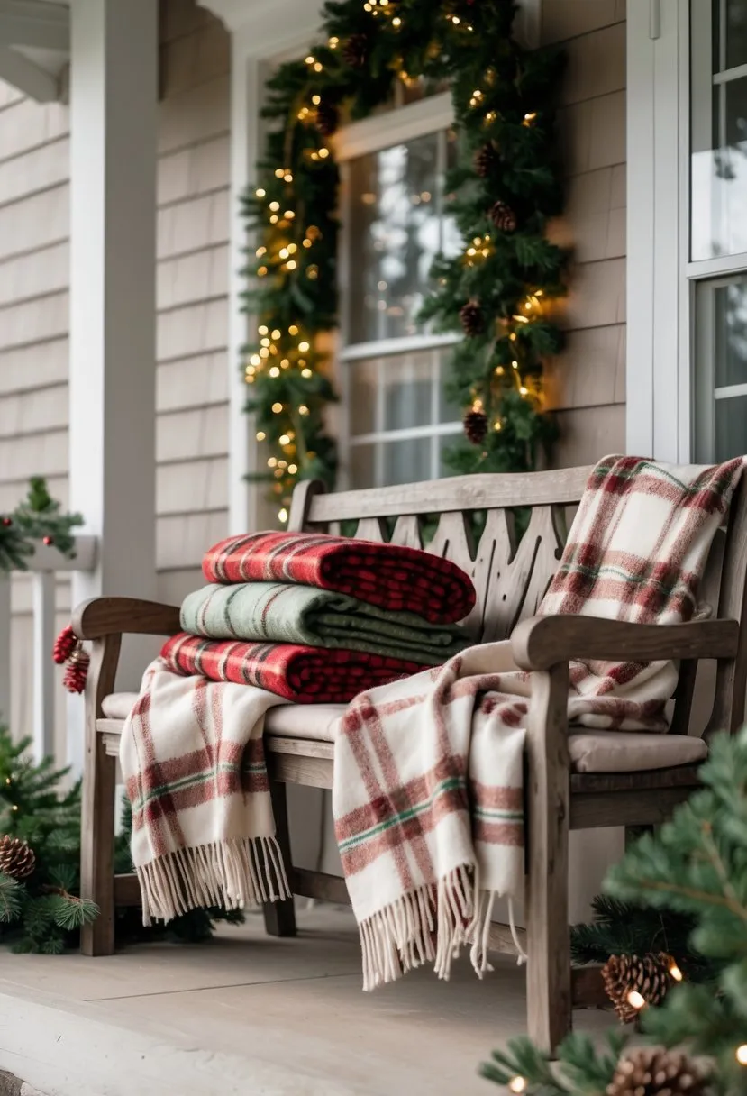 Plaid wool blankets layered on a bench