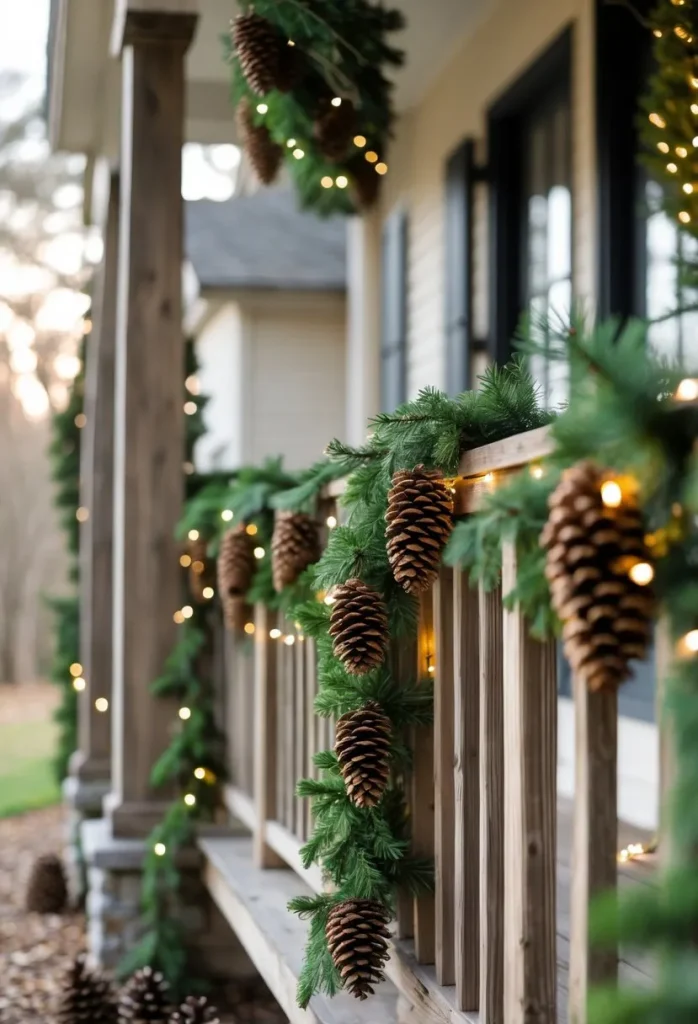 Pine cone garlands draped on the railing