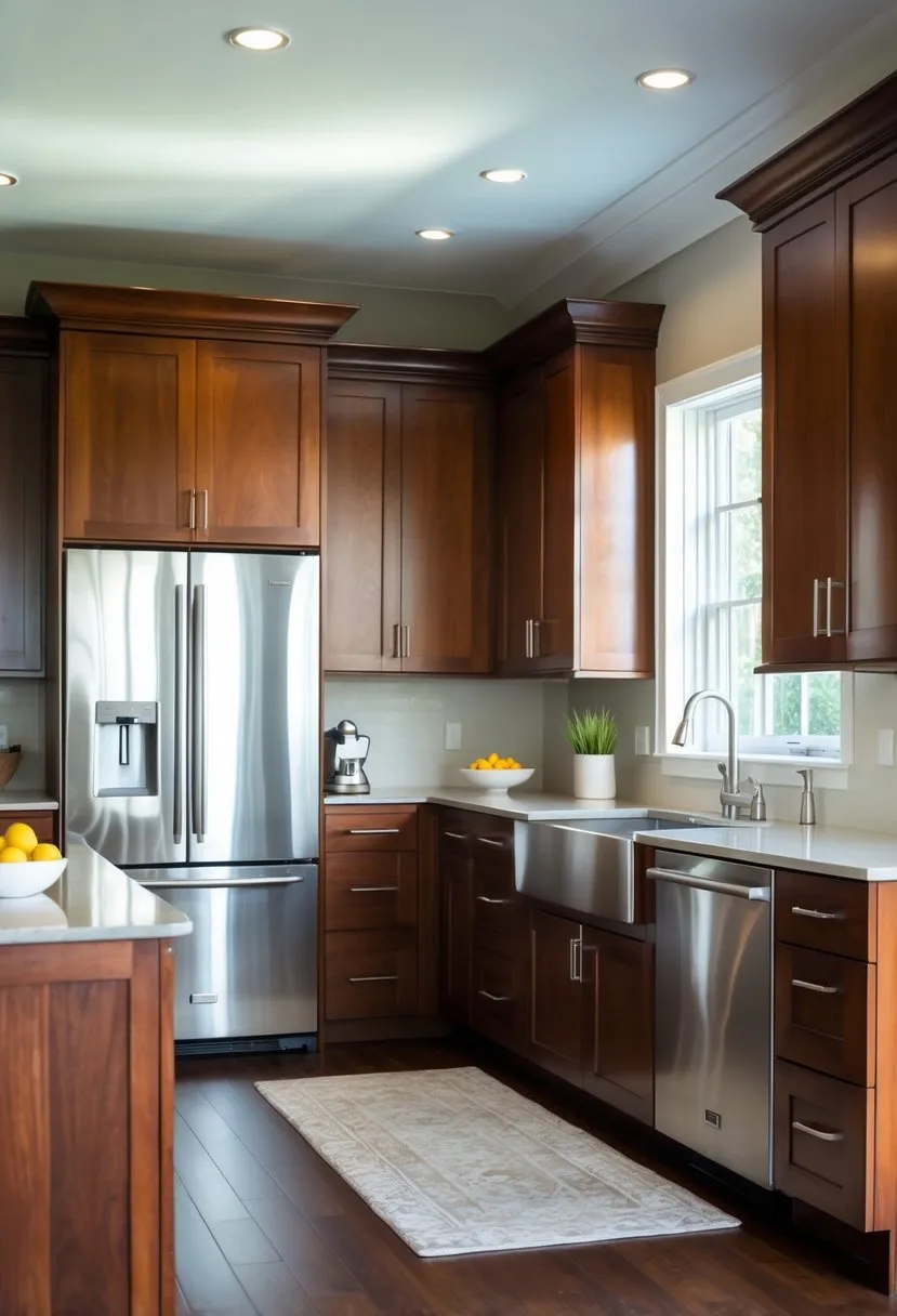 Brown Cabinets Paired with Stainless Steel Appliances