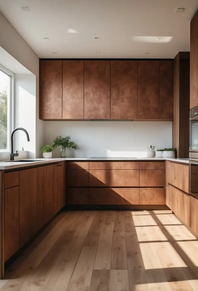 Textured Brown Cabinets Complemented by Natural Wood Floors