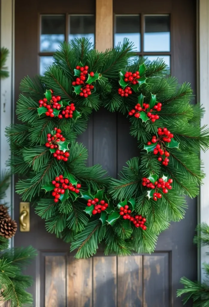 Fresh evergreen wreath with red berries