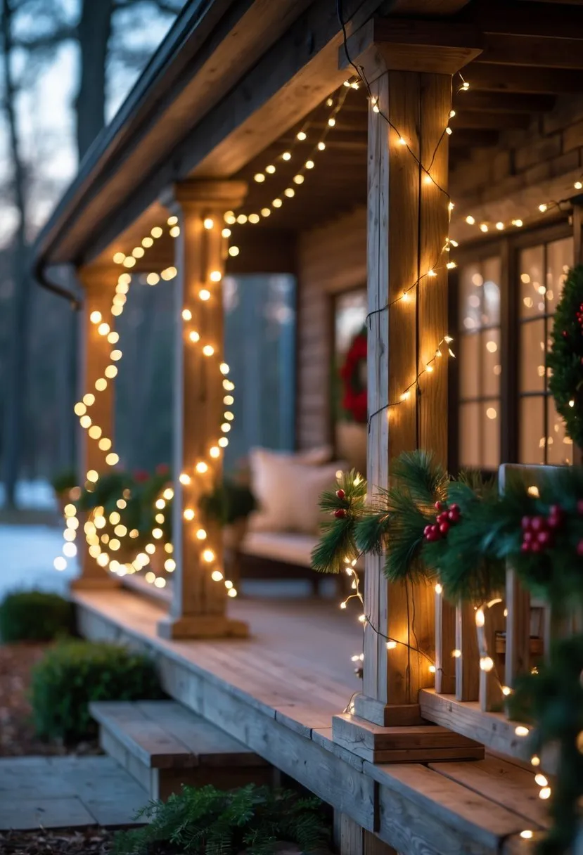  Twinkling string lights wrapped around porch posts