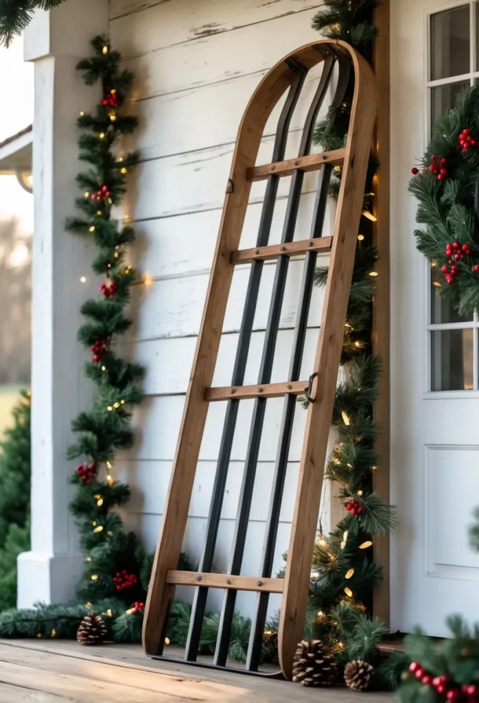 Wooden sled leanings against the wall