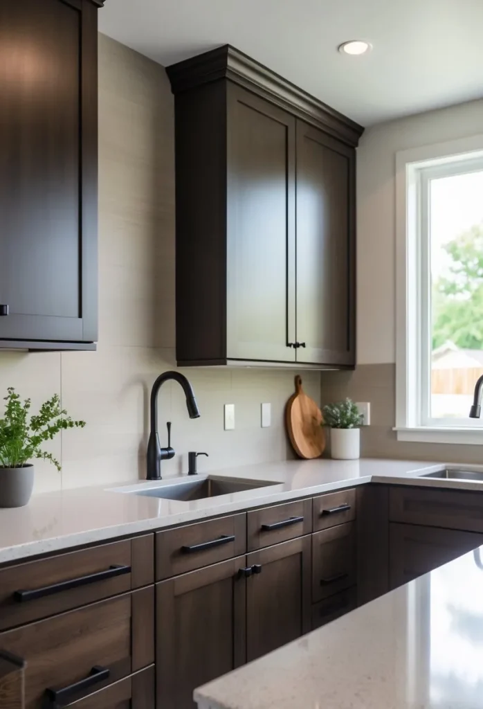  Dark Stain Shaker Cabinets Paired with Quartz Countertops