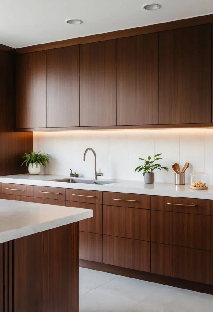 Brown Cabinets Combined with Soft White Backsplash