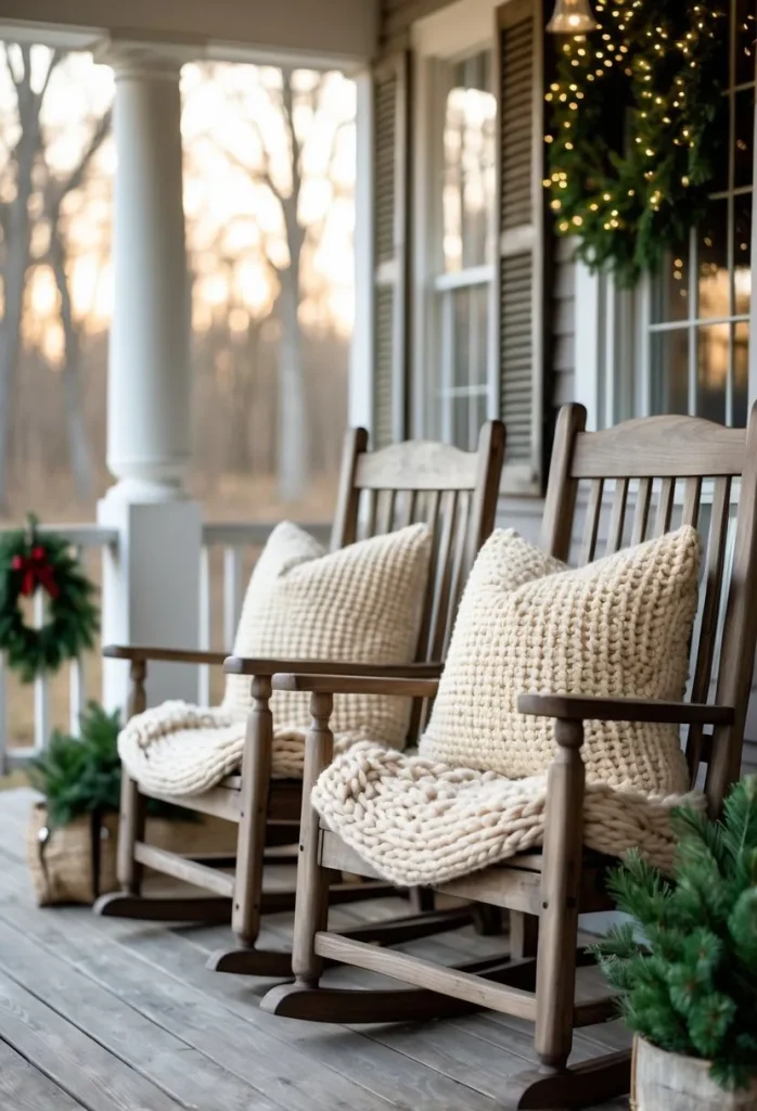 Cozy knit pillows on porch chairs