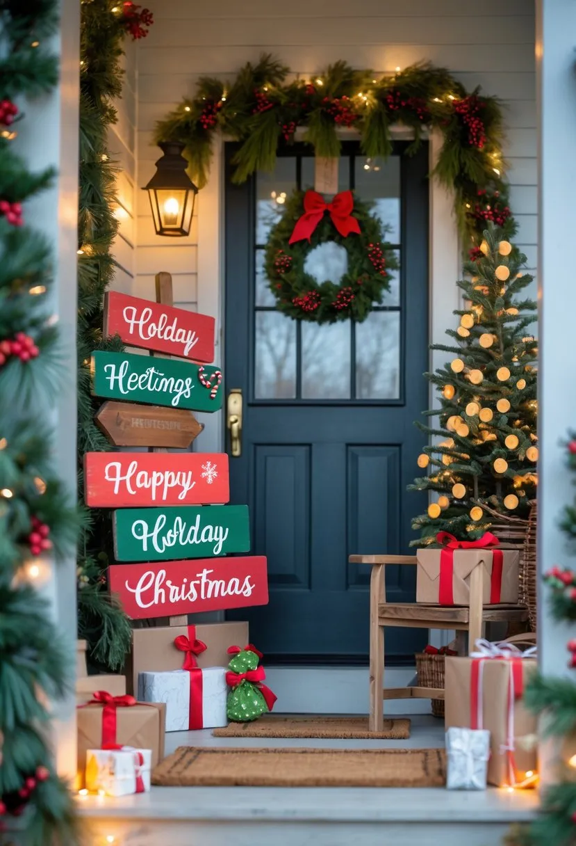 Hand-painted wooden signs with festive greetings