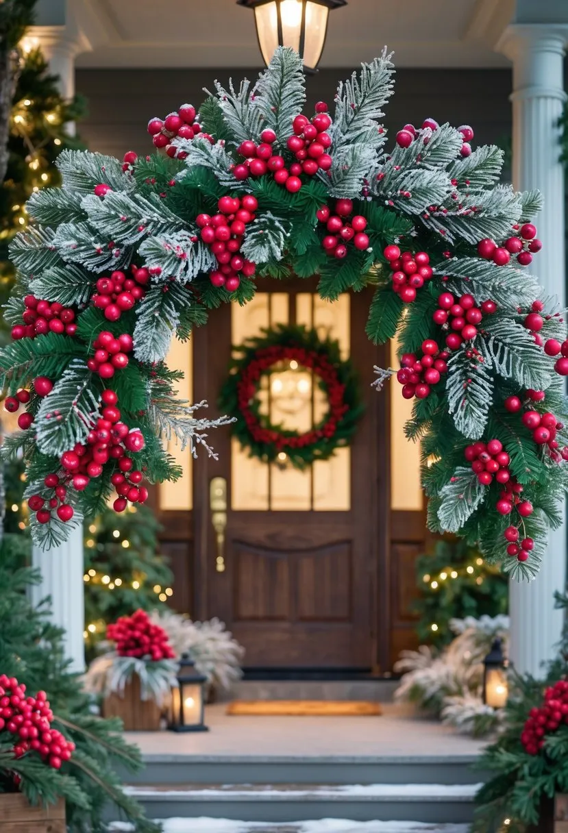 Red berry wreaths with frosted accents on doors