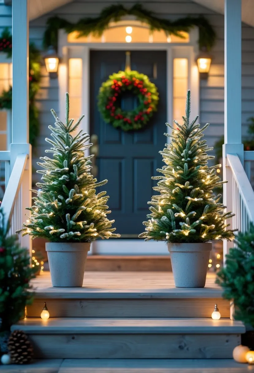 Miniature potted Christmas trees flanking the steps