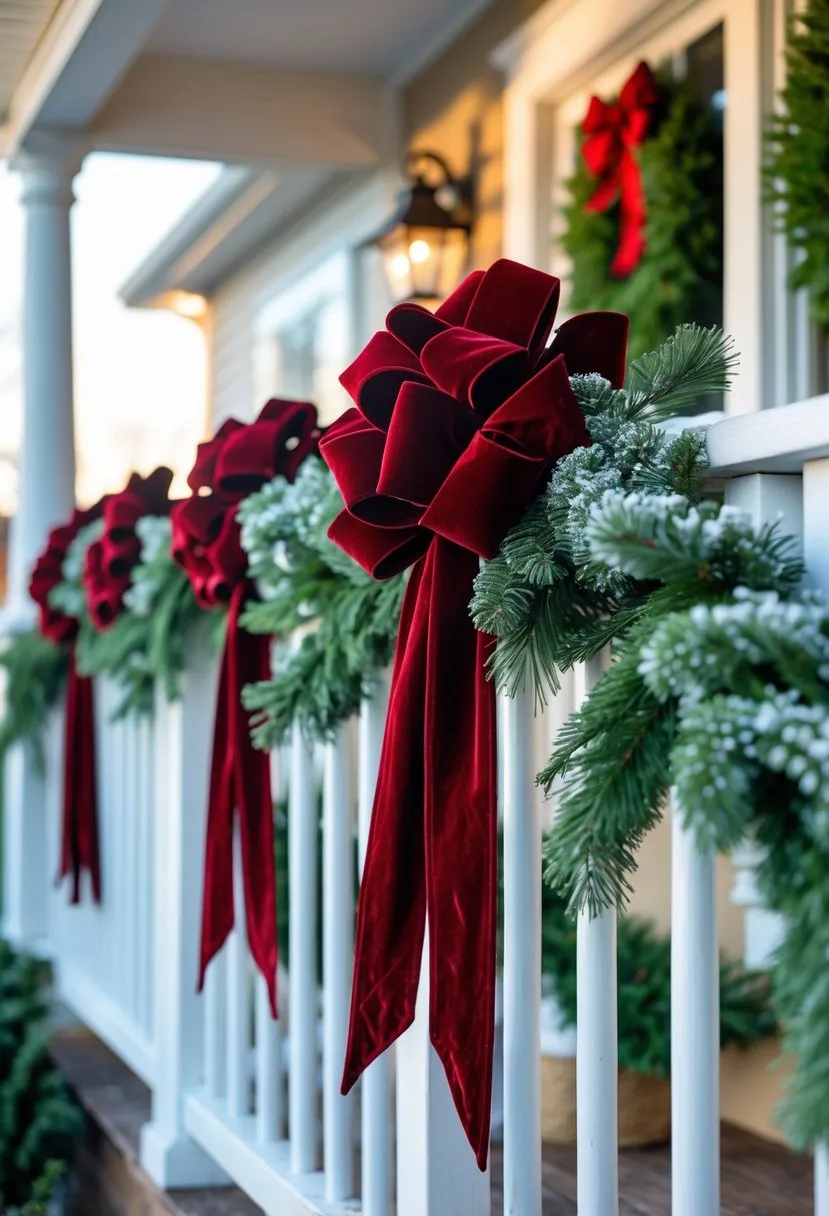Outdoor-safe velvet bows tied to railings