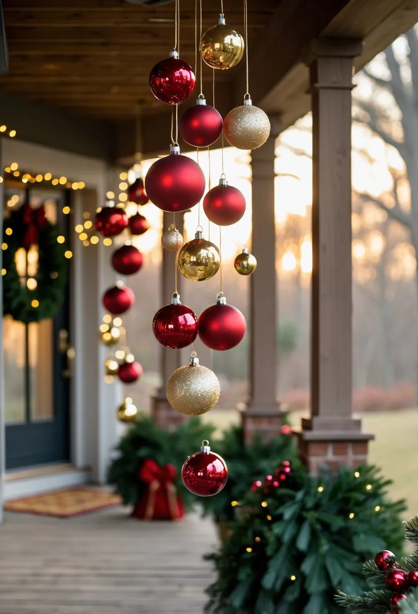  Hanging red and gold ornament clusters from porch beams