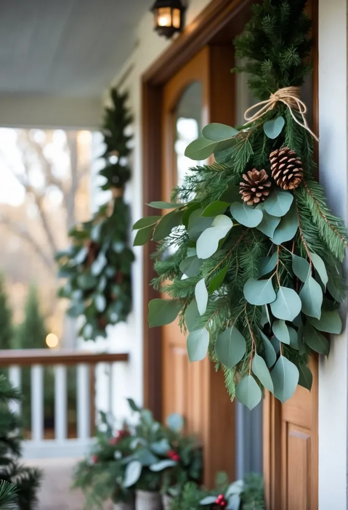 Rustic pinecone garlands draped over railings