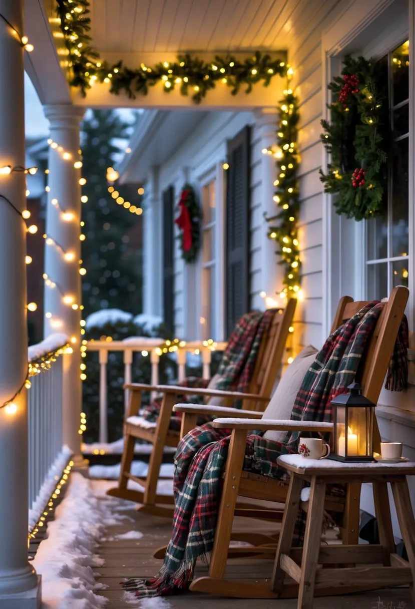  Plaid throw blankets on porch swings or chairs