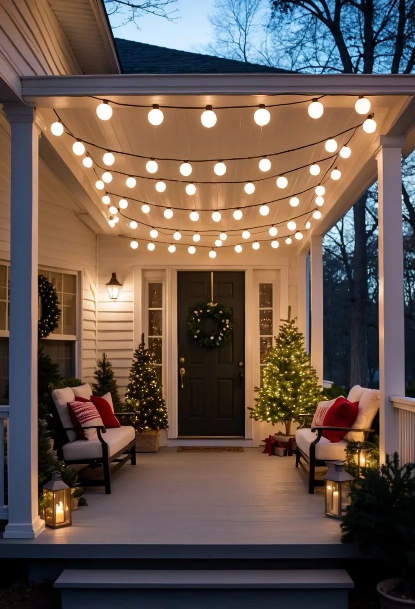 Warm white globe string lights around the porch ceiling
