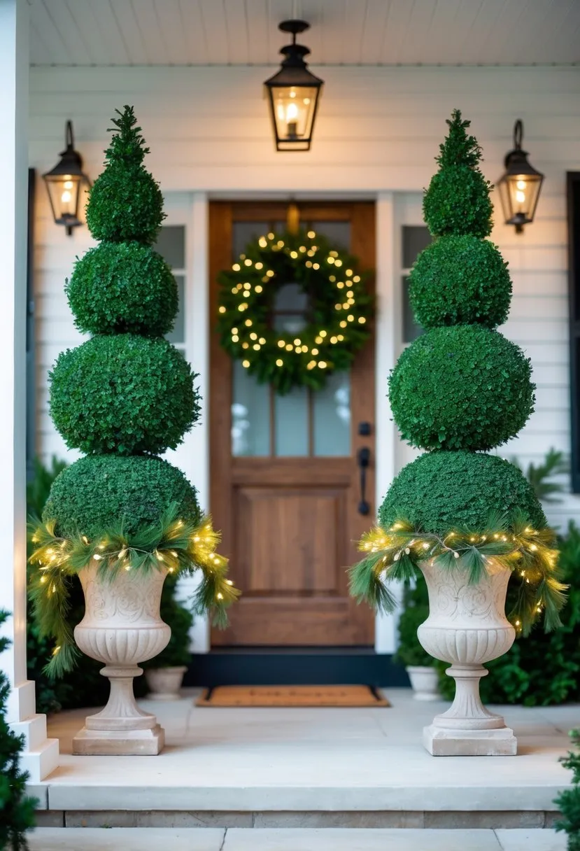 Symmetrical evergreen topiaries in decorative urns