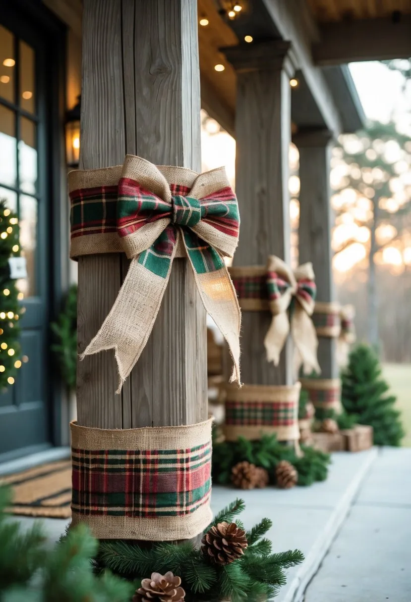 Plaid burlap ribbons wrapped around porch columns