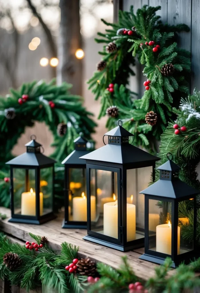  Position lanterns near evergreen wreaths