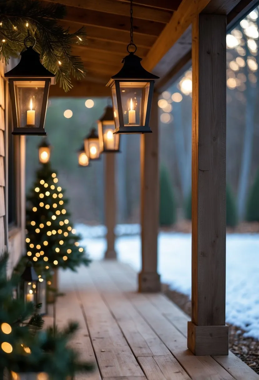 Hang lanterns with sturdy hooks on porch beams