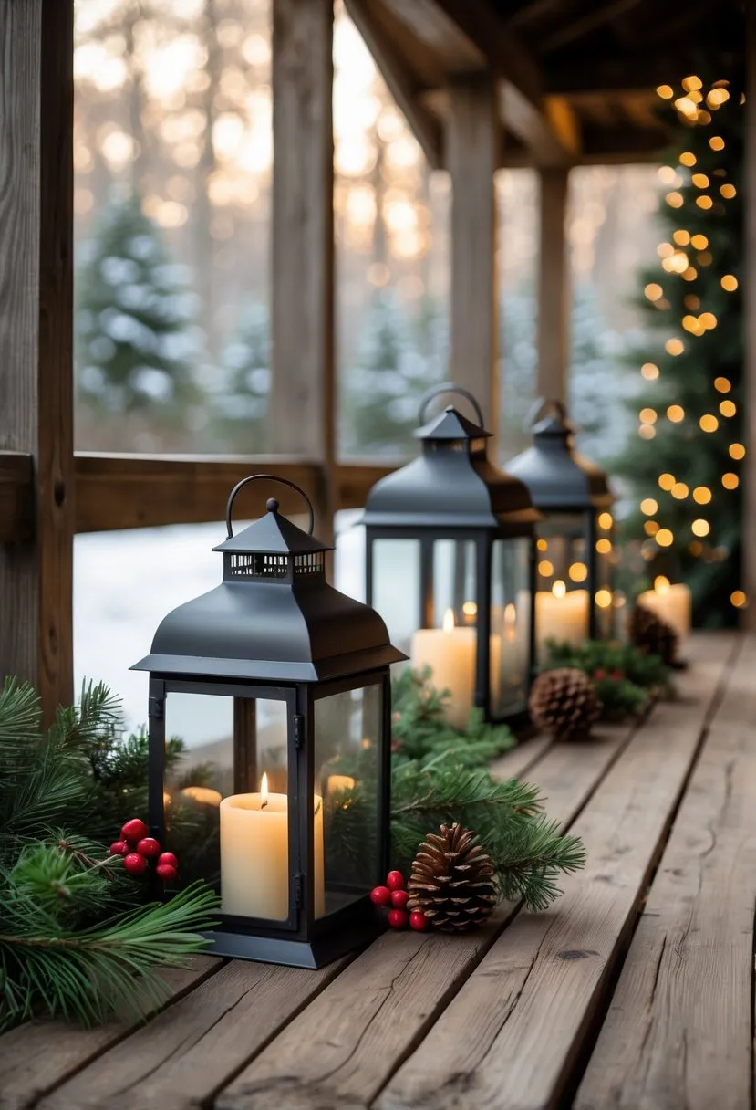Rustic black metal lanterns for wooden porches