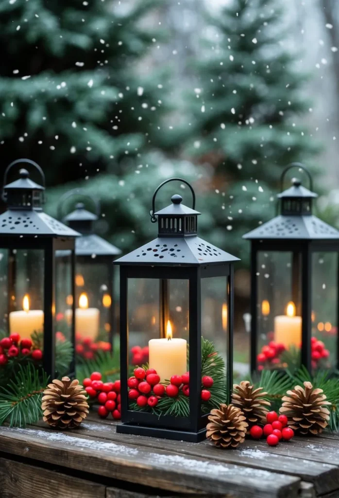 Use pinecones and red berries inside lanterns