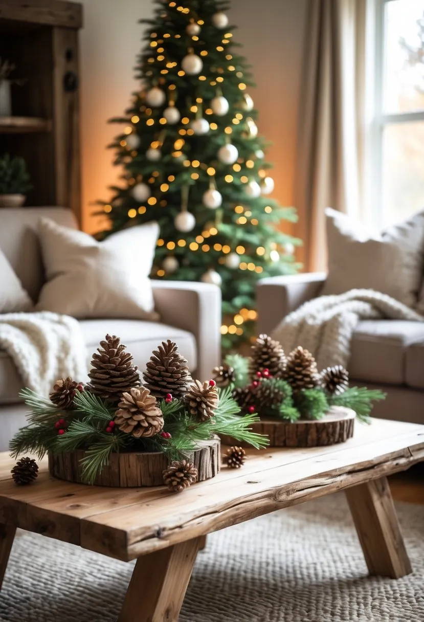 Natural Wood and Pinecone Centerpieces