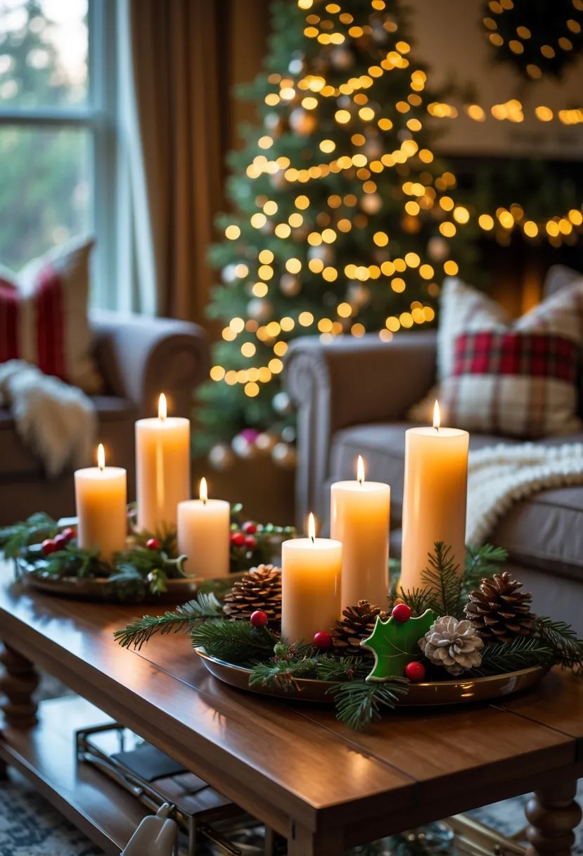 Warm Candle Arrangements on Coffee Table
