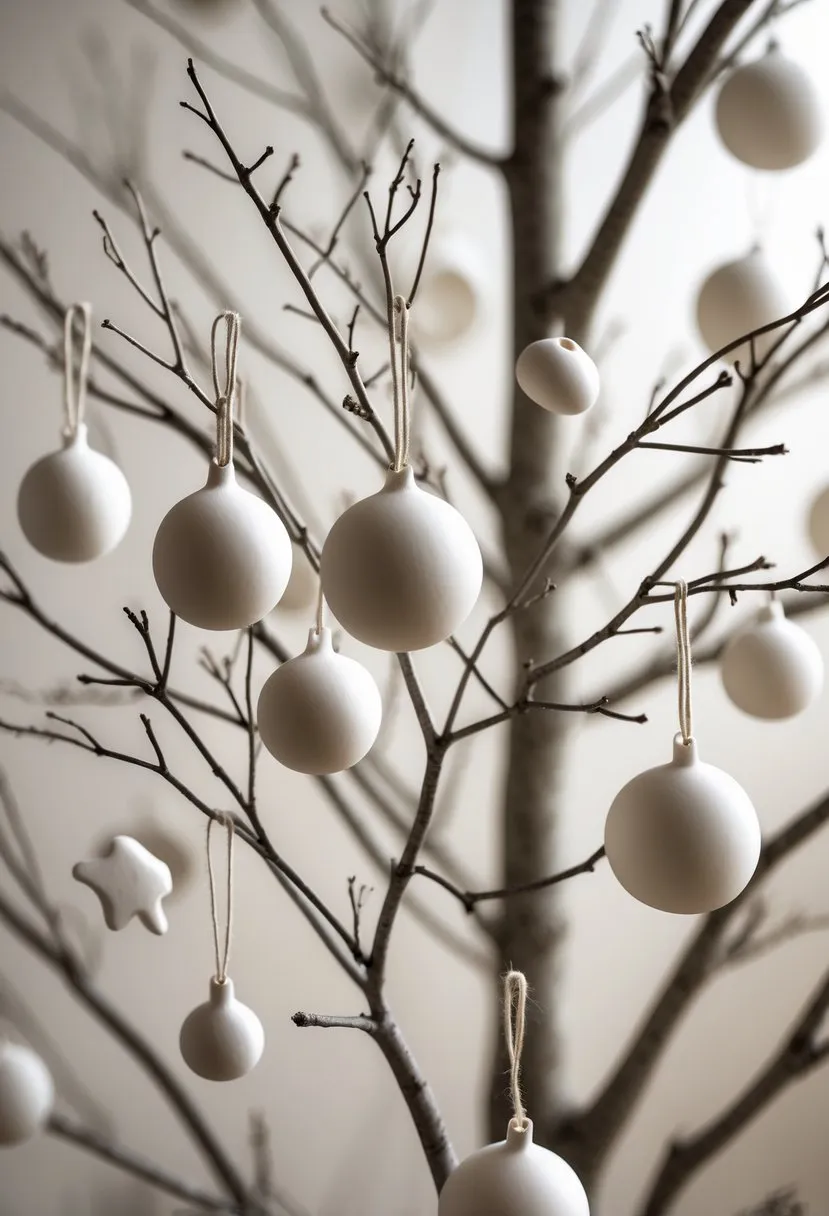 Bare branch tree with white clay ornaments