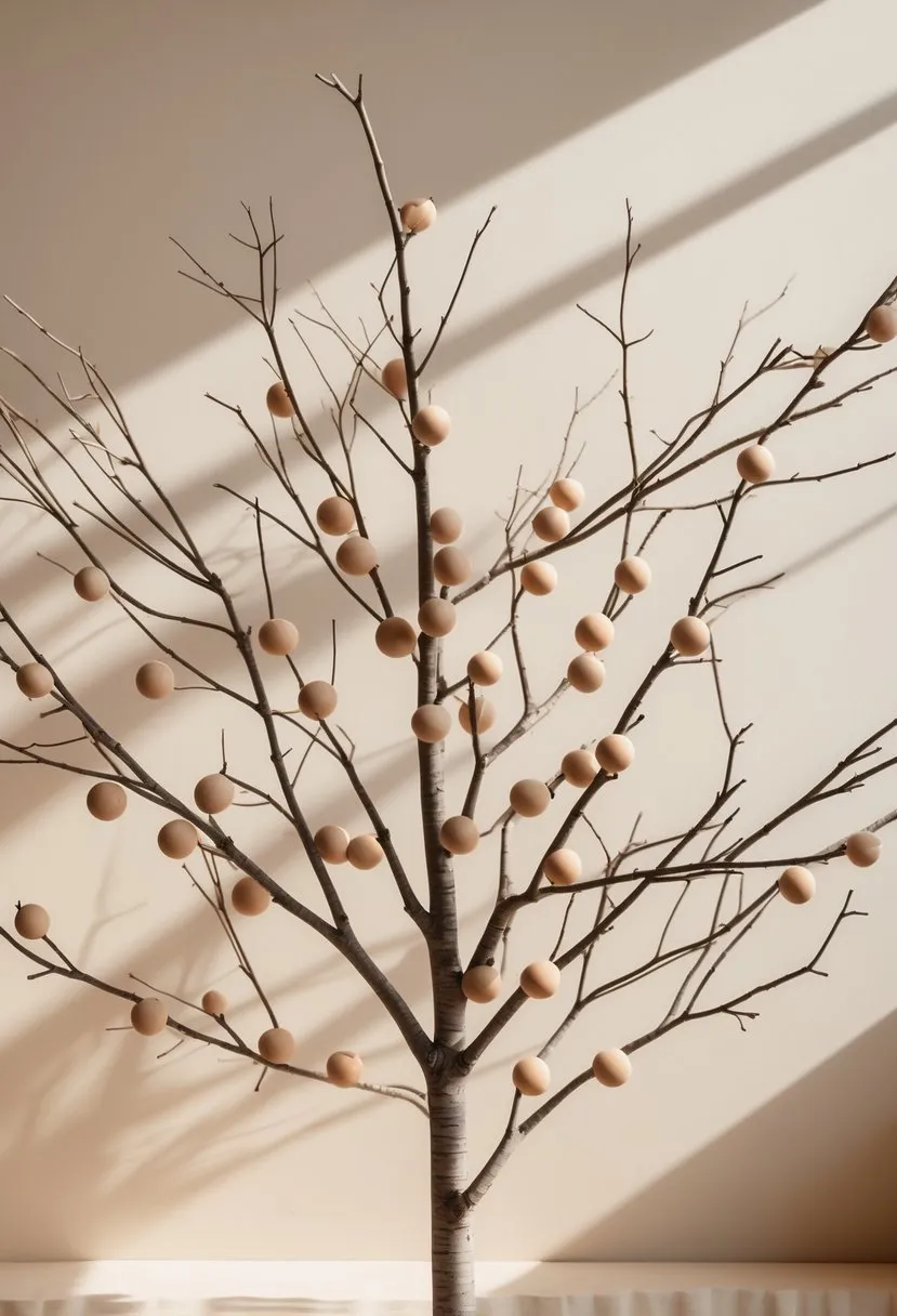Wooden bead garland on neutral-toned branches