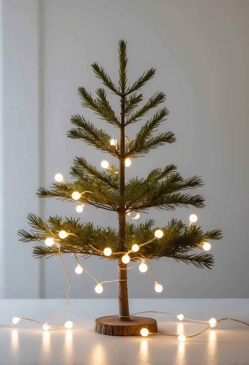 Simple string lights on a small pine tree