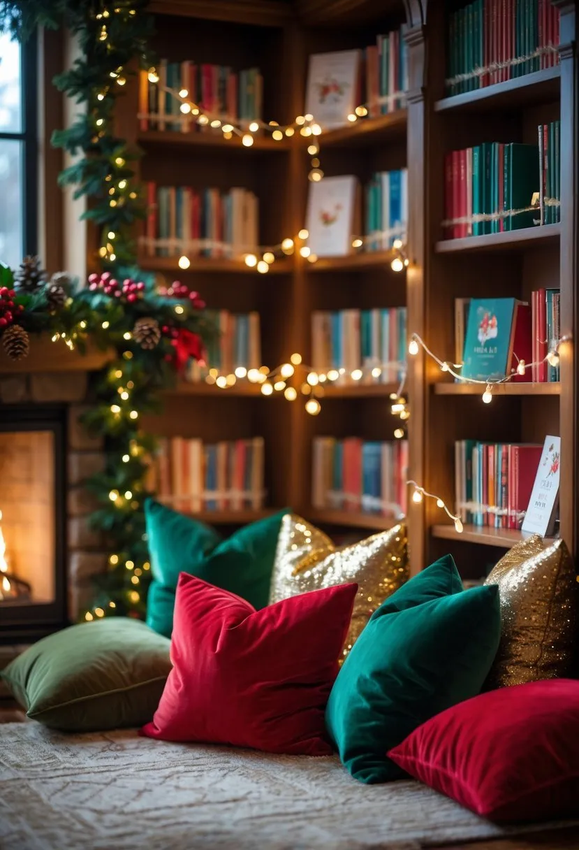 Holiday storytime corner with plush pillows