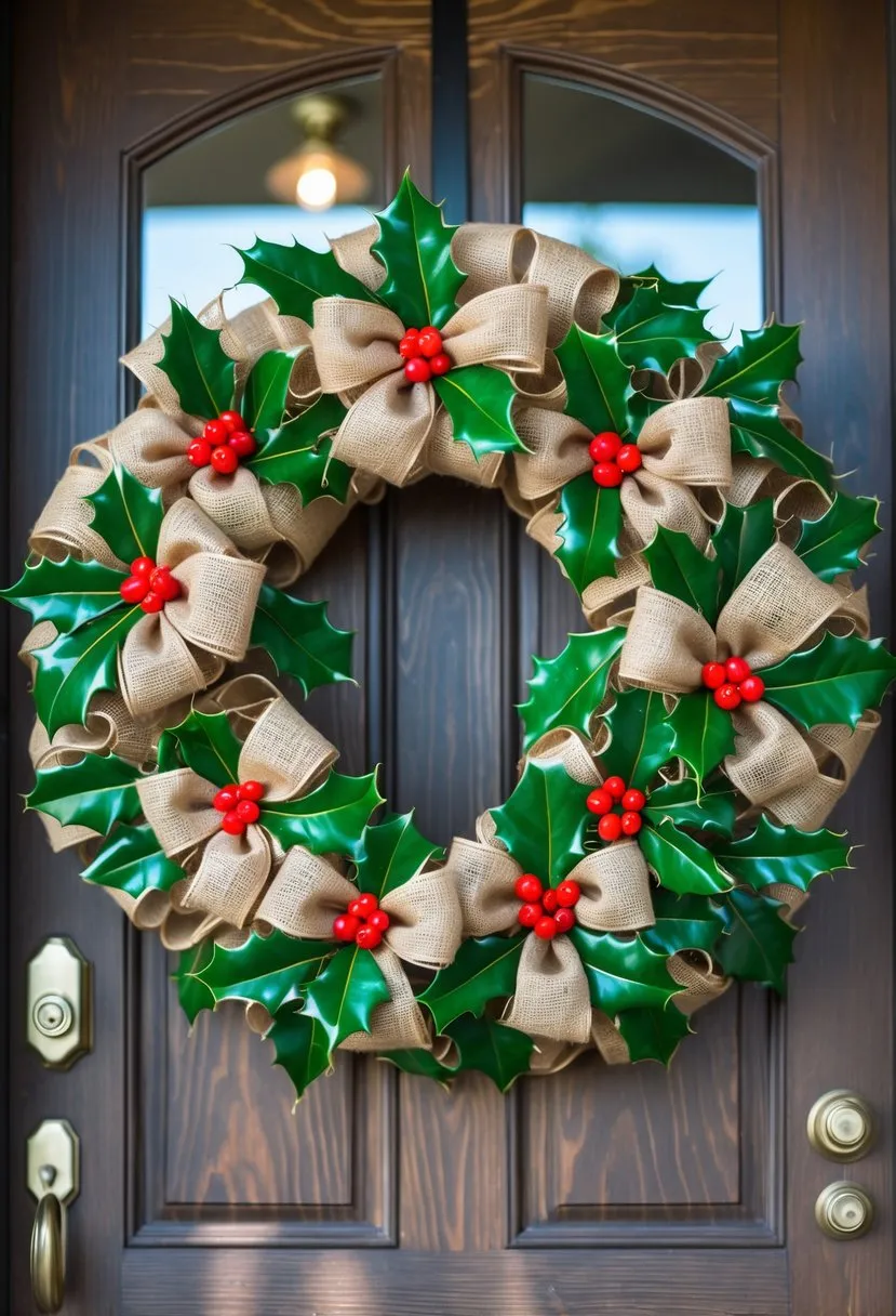 DIY Burlap Bow and Holly Wreath