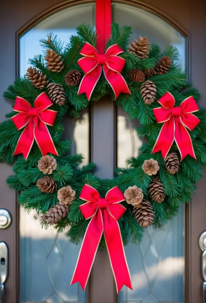  Red Ribbon and Pinecone Accent Wreath
