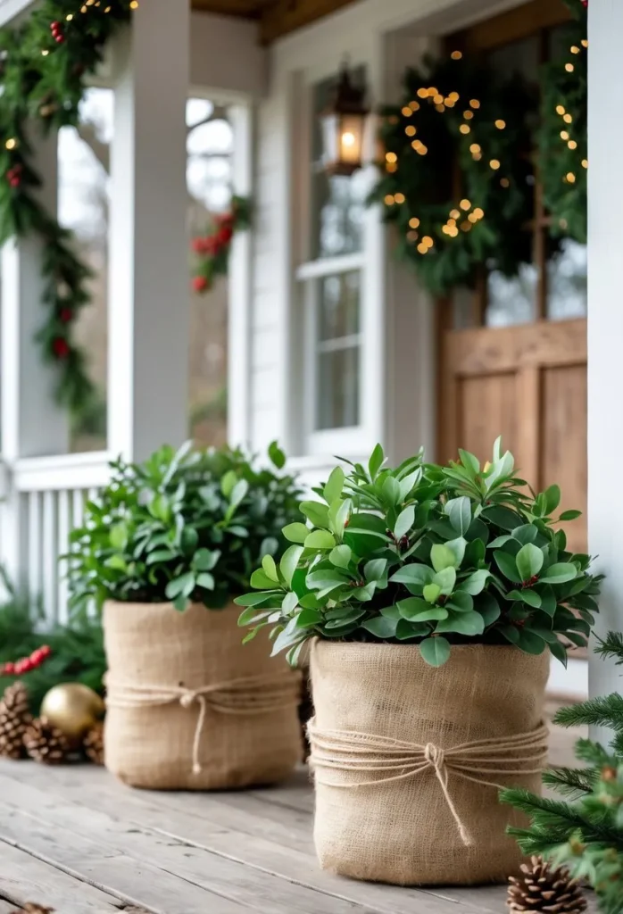 Simple burlap wrapped planters with greenery