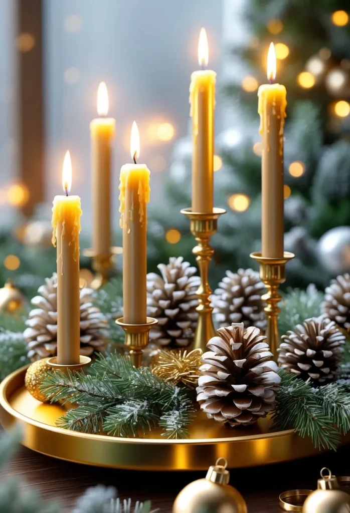 Gold Centerpiece with Candles and Pinecones