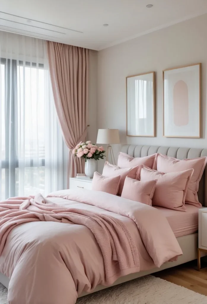 Master Bedrooms Decor: 14 Essential Tips for a Stylish and Functional Space 5 Use blush pink throw pillows and bedding for a romantic touch