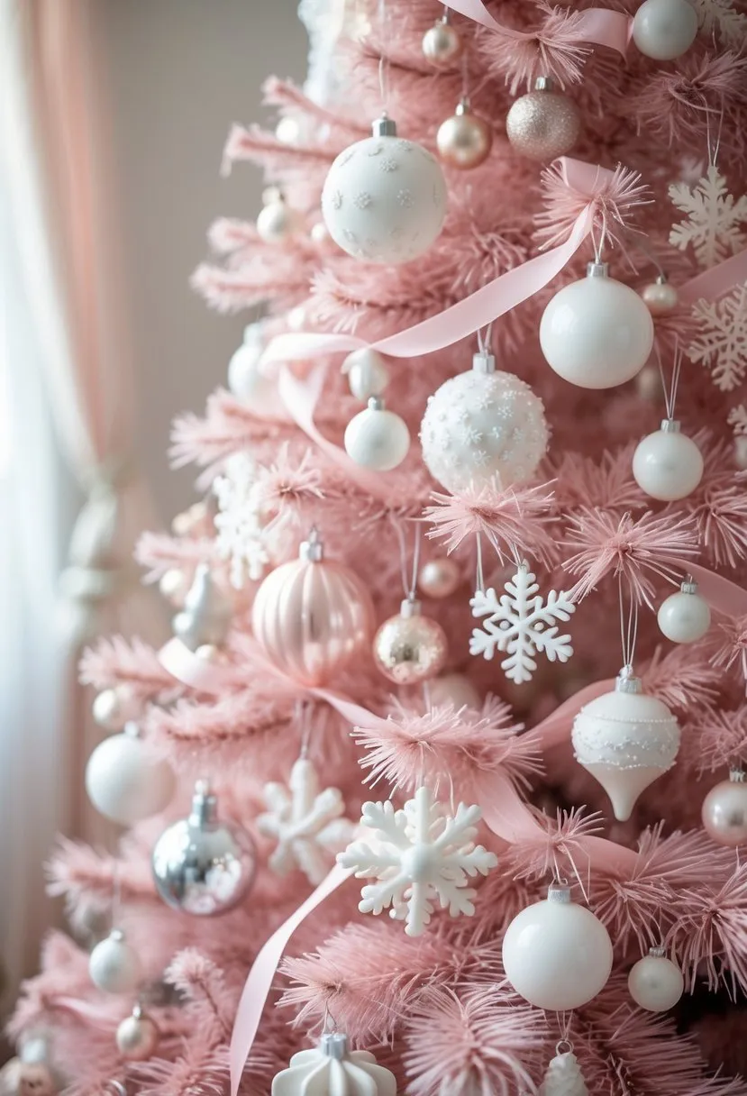 Pastel Pink Christmas Tree with White Ornaments