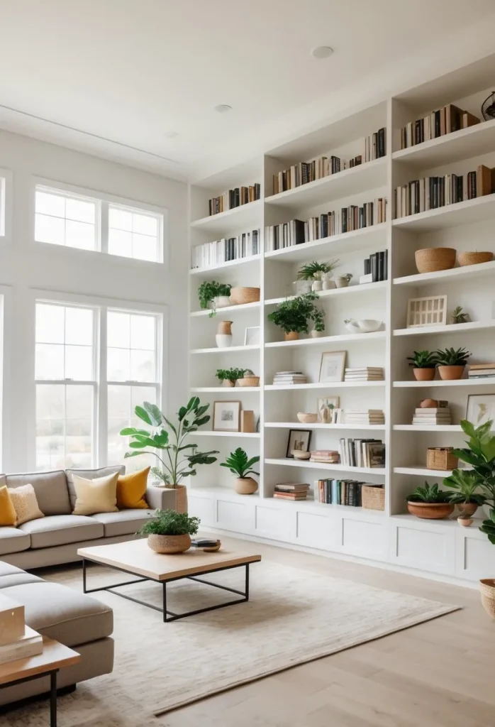 Add built-in shelving for storage and display