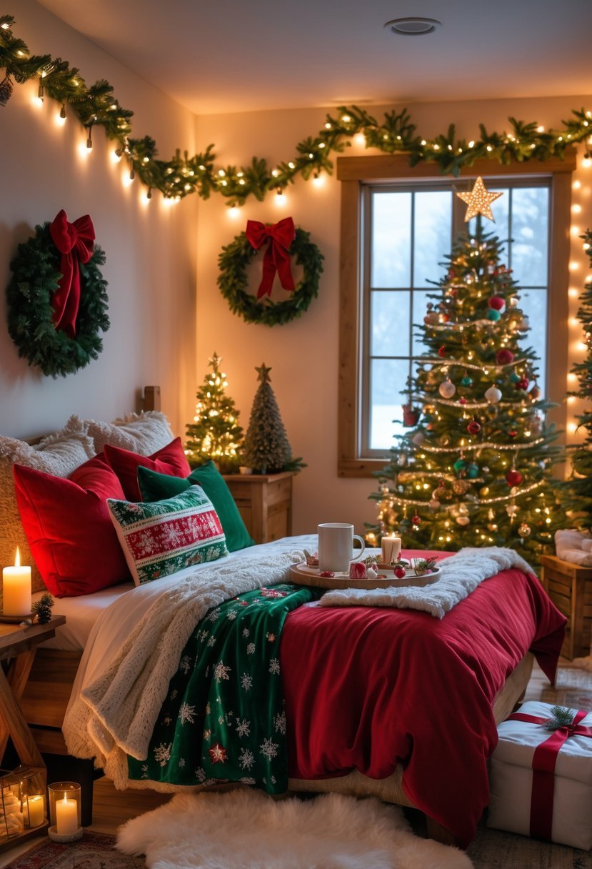 A bedroom decorated for Christmas with a bed, a small Christmas tree, string lights, and wrapped presents.