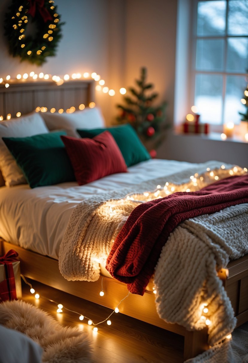 A bedroom decorated for Christmas with warm white fairy lights wrapped around the bed frame, cozy bedding, and subtle holiday decorations.