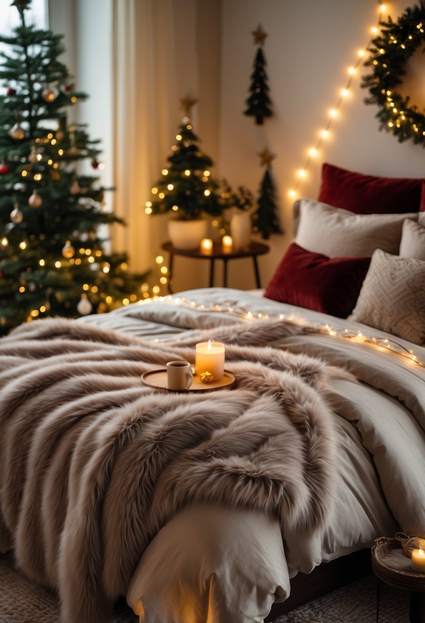 A cozy bedroom decorated for Christmas with a bed covered by a soft faux fur throw blanket and festive holiday decorations.