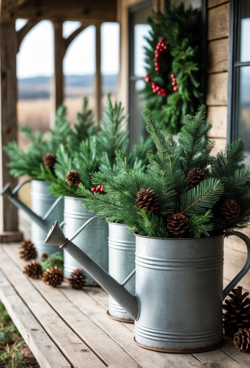 Metal watering cans filled with pine branches arranged on a farmhouse porch.