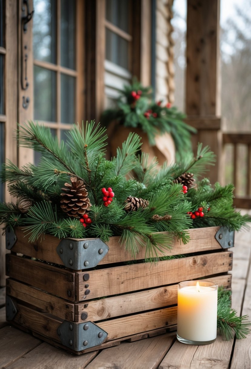  Antique wooden crate with pine and candle accents