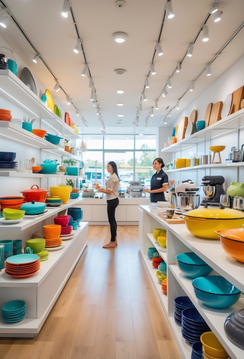 Interior of a kitchen accessories store with shelves displaying various kitchen tools and appliances and a customer being assisted by a store employee.